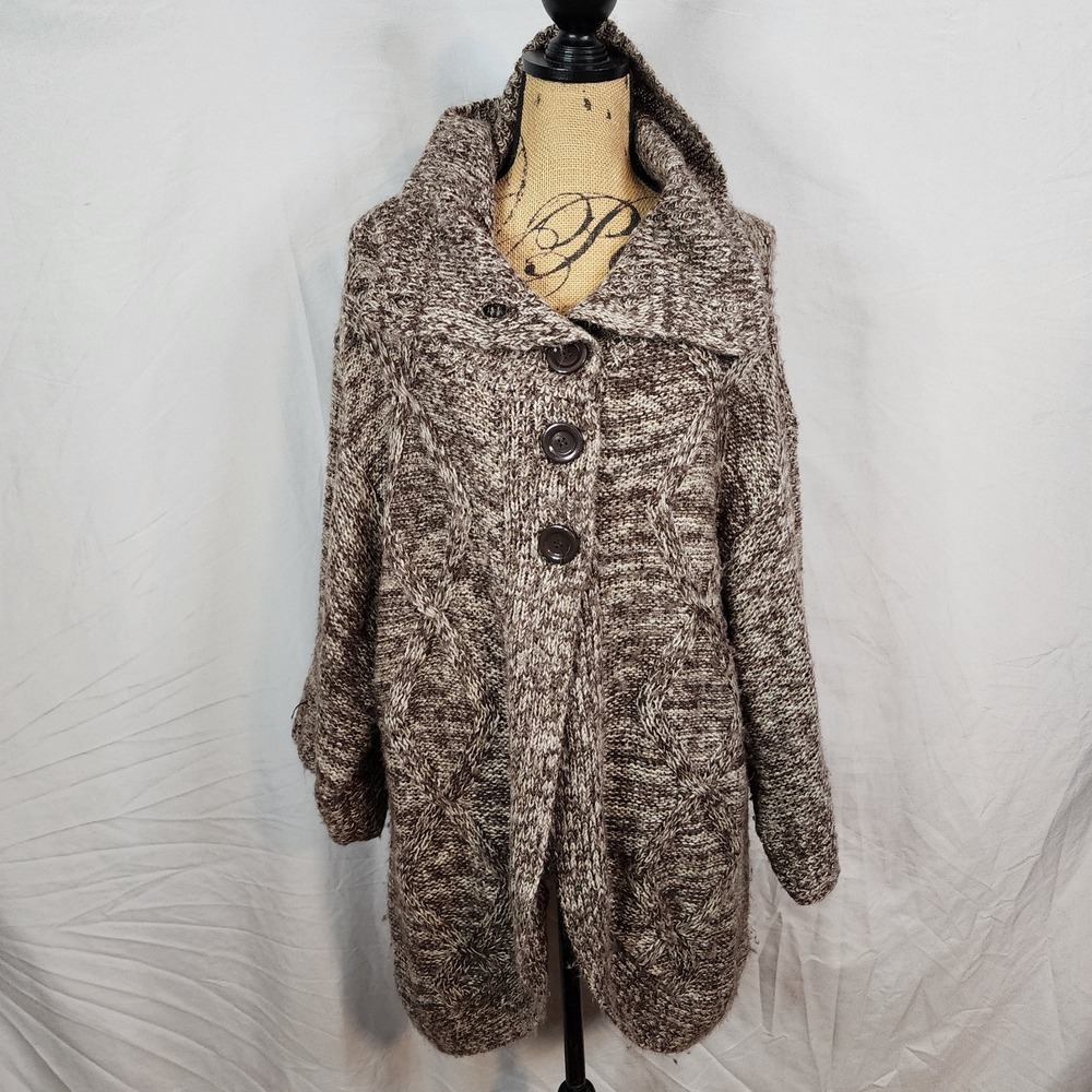 NEW DIRECTIONS Size 2X Brown Marled Knit Fuzzy Cozy Chunky Knit Cardigan Sweater